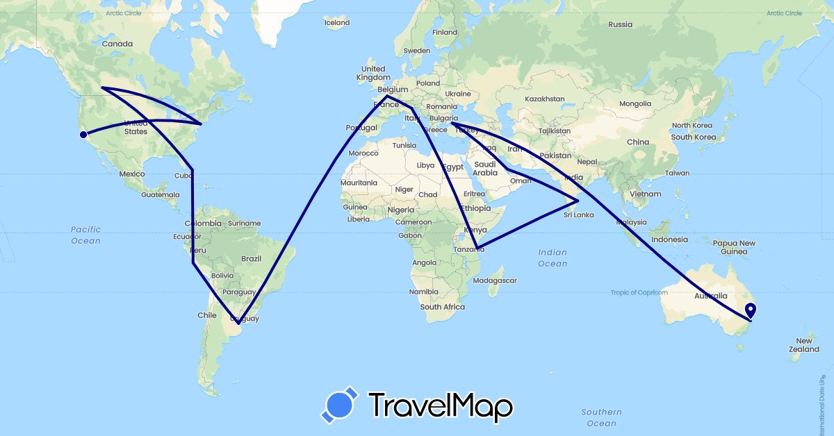 TravelMap itinerary: driving in Argentina, Australia, Bahamas, Canada, France, India, Italy, Peru, Qatar, Turkey, Tanzania, United States (Africa, Asia, Europe, North America, Oceania, South America)